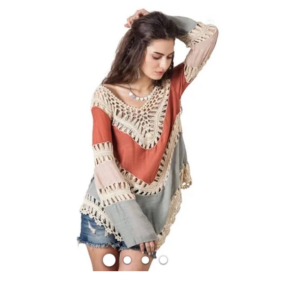 Boho Crochet Long Sleeve Top Beach Cover-up Size medium - Picture 3 of 5